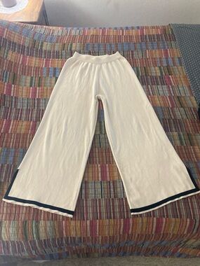 Women's Wide-Leg Knit Pants in Cream with Black Trim - XS